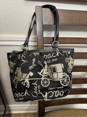 Coach Black Tote with Cream Carriage Print